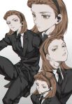  1girl black_necktie black_suit brown_eyes brown_hair collage earphones eyelashes formal hair_slicked_back hairband highres hunter_x_hunter looking_at_viewer looking_to_the_side microphone mii_chul necktie shirt short_hair simple_background solo suit theta_(hunter_x_hunter) white_background white_shirt 