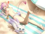  ! !! 1girl absurdres ahoge animal anklet artist_logo ass back barefoot beach beach_umbrella bikini bikini_top_removed blonde_hair blue_eyes braid clothes_theft commission demon_horns demon_tail emberlith fang fox gradient_hair hair_ornament halo heart heart_ahoge heterochromia highres horns hoshi_(emberlith) indie_virtual_youtuber jewelry leg_up legs lying multicolored_hair multiple_tails nail_polish no_wings on_stomach open_mouth pink_hair purple_eyes purple_hair ryncka sand star-shaped_pupils star_(symbol) star_hair_ornament striped_towel sweatdrop swimsuit swimsuit_theft symbol-shaped_pupils tail theft thighs umbrella virtual_youtuber white_bikini 