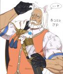  1boy ? animal_ears ascot bara beard black_gloves blue_eyes brooch cane cape cat_ears dark-skinned_male dark_skin facial_hair gloves hand_on_own_ear highres holding holding_cane jewelry jp_(street_fighter) kemonomimi_mode large_pectorals long_hair looking_up male_focus mature_male muscular muscular_male mustache old old_man orange_vest pectorals print_shirt sa1k0p shirt side_cape solo speech_bubble street_fighter street_fighter_6 thick_eyebrows thick_mustache translated upper_body veins vest white_background white_hair 