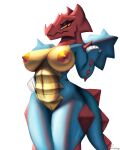  2023 4:5 anthro areola big_breasts blue_body breasts digital_media_(artwork) digital_painting_(artwork) druddigon female fist generation_5_pokemon genitals hand_on_hip hi_res huge_breasts looking_at_viewer nintendo nipples nude orange_eyes paradoxing pokemon pokemon_(species) pussy red_body scalie signature simple_background solo tail white_background wings yellow_areola yellow_body yellow_nipples 