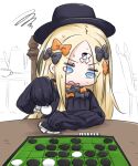  1girl abigail_williams_(fate) black_bow black_dress black_headwear blonde_hair blue_eyes board_game bow chair cup dress fate/grand_order fate_(series) hair_bow hat highres long_hair long_sleeves neon-tetora on_chair open_mouth orange_bow parted_bangs puffy_long_sleeves puffy_sleeves reversi simple_background sleeves_past_fingers sleeves_past_wrists solo squiggle sweat teacup teapot upper_body very_long_hair wavy_mouth white_background 
