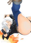  1girl akisa_yositake angel_(kof) ass backless_pants black_gloves boots breasts closed_eyes cowboy_boots cropped_jacket fingerless_gloves gloves highres jacket leather leather_jacket long_sleeves looking_at_viewer medium_breasts pants short_hair smile the_king_of_fighters the_king_of_fighters_xv white_hair 