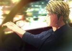  1boy aozora1227 blonde_hair blue_shirt car car_interior collared_shirt commentary_request driving highres jujutsu_kaisen long_sleeves male_focus motor_vehicle nanami_kento shirt short_hair sitting solo steering_wheel upper_body 