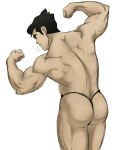  1boy aizenhower ass avatar_legends back bara black_hair black_male_underwear bolin closed_eyes closed_mouth double_biceps_pose flexing highres male_focus male_underwear muscular muscular_male short_hair simple_background solo the_legend_of_korra thick_eyebrows thick_thighs thighs thong underwear white_background 