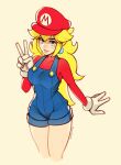  1girl blonde_hair blue_eyes breasts cosplay covered_collarbone earrings gloves hat highres jewelry large_breasts long_hair looking_at_viewer mario mario_(cosplay) mario_(series) overall_shorts overalls oxcoxa princess_peach red_headwear red_shirt shirt smile solo v white_gloves 