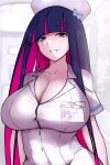  1girl blue_eyes blue_hair breasts bright_pupils cleavage commentary gloves hat highres hospital indoors large_breasts looking_at_viewer medium_breasts moyashi_(tenor366) multicolored_hair name_tag nurse nurse_cap official_alternate_costume panty_&amp;_stocking_with_garterbelt pink_hair shirt short_sleeves smile solo stocking_(psg) streaked_hair symbol-only_commentary thighhighs white_gloves white_shirt 