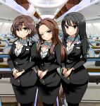  1girl ;( absurdres airplane_interior anman_(yxwu7733) black_jacket black_pantyhose black_skirt blue_scarf breasts collarbone empty_eyes flight_attendant hand_on_own_hip highres higuchi_madoka idolmaster idolmaster_(classic) idolmaster_cinderella_girls idolmaster_shiny_colors jacket long_hair looking_at_viewer medium_breasts minase_iori mole mole_under_eye open_collar pantyhose pencil_skirt scarf shibuya_rin skirt small_breasts solo straight_hair tears travel_attendant very_long_hair 