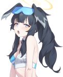  1girl :o absurdres animal_ears bare_shoulders black_hair blue_archive blue_eyes breasts bright_pupils collared_shirt crop_top dog_ears ellu goggles goggles_on_head halo hibiki_(blue_archive) hibiki_(cheerleader)_(blue_archive) highres long_hair looking_at_viewer midriff official_alternate_costume open_mouth ponytail shirt sidelocks simple_background sleeveless sleeveless_shirt small_breasts solo spaghetti_strap two-tone_shirt upper_body white_background white_shirt 