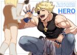  1boy 1other abs blonde_hair eyepatch fingerless_gloves gloves guilty_gear guilty_gear_strive highres lamp9229 looking_at_viewer male_focus muscular muscular_male open_mouth pectorals short_hair sin_kiske smile 