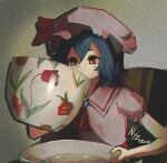  1girl absurdres ascot blue_hair cup dress drinking highres holding holding_cup holding_saucer nyztsune oversized_object pink_dress pink_headwear red_ascot red_eyes remilia_scarlet saucer short_hair sitting solo touhou 