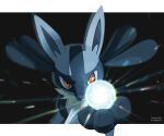  bright_pupils commentary_request energy_ball glowing hand_up highres letterboxed looking_at_viewer lucario mokuzou_(moku_ssbu) orange_eyes pokemon pokemon_(creature) signature solo yellow_fur 