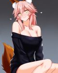  1girl animal_ear_fluff animal_ears black_sweater blush breasts casual cleavage collarbone dress engo_(aquawatery) fate/grand_order fate_(series) fox_ears fox_girl fox_tail gradient_background heart highres large_breasts long_hair looking_at_viewer off-shoulder_sweater off_shoulder pink_hair smile solo sweater sweater_dress tail tamamo_(fate) tamamo_no_mae_(fate/extra) yellow_eyes 