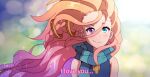  1girl artist_name blonde_hair blue_eyes blush braid english_text green_scarf hair_ornament heterochromia highres league_of_legends long_hair multicolored_background odeko_yma pink_hair purple_eyes scarf smile solo starry_sky_print striped striped_scarf upper_body watermark zoe_(league_of_legends) 