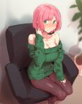  1girl bare_shoulders blush breasts brown_pantyhose chair cleavage closed_mouth green_eyes green_sweater large_breasts long_sleeves looking_at_viewer nanaichi off-shoulder_sweater off_shoulder original pantyhose pink_hair ribbed_sweater short_hair sitting solo sweat sweater 