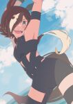  1girl :d absurdres animal_ears armpits arms_up bare_shoulders blue_sky blush brown_eyes brown_hair cloud commentary_request cosplay day hair_over_one_eye highres horizon horse_ears horse_girl horse_tail hot_limit idolmaster idolmaster_cinderella_girls long_hair maru_(hachi_47923) multicolored_hair nishikawa_takanori nishikawa_takanori_(cosplay) ocean oohashi_ayaka outdoors shimamura_uzuki sky smile solo standing streaked_hair t.m.revolution tail two-tone_hair umamusume v-shaped_eyebrows very_long_hair vodka_(umamusume) voice_actor_connection water white_hair 
