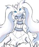  1girl artist_name blue_eyes blue_sclera body_fur breasts cleavage closed_mouth collarbone colored_sclera commentary_request dragon_girl furry furry_female head_tilt highres ingi jewelry large_breasts long_hair looking_at_viewer neck_ring open_mouth personification pokemon pokemon_(creature) reshiram signature simple_background solo straight-on surprised upper_body white_background white_fur white_hair white_theme wide-eyed 