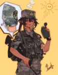  1girl absurdres assault_rifle binder_clip blush brown_hair bullpup camouflage desert_camouflage digital_camouflage emblem gun highres holding holding_canteen holding_gun holding_weapon long_hair original people&#039;s_liberation_army people&#039;s_liberation_army_ground_force red_eyes rifle sleeves_rolled_up soldier solo sun sweat tan tuziki_sang weapon yellow_background 