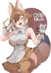  1girl animal_ears bare_shoulders blush brown_eyes brown_hair brown_shirt brown_skirt brown_thighhighs dhole_(kemono_friends) dog_ears dog_girl dog_tail fangs gloves highres kemono_friends light_brown_hair looking_at_viewer multicolored_hair noor7 one_eye_closed open_mouth pleated_skirt salute shirt short_hair skirt sleeveless solo tail thighhighs two-tone_shirt white_gloves white_hair white_shirt zettai_ryouiki 