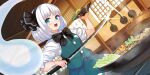  1girl black_bow black_bowtie black_hairband black_ribbon bow bow_hairband bowtie cooking dutch_angle food frying_pan green_skirt green_vest hair_ribbon hairband hands_up highres holding holding_plate holding_sword holding_weapon indoors konpaku_youmu konpaku_youmu_(ghost) non-web_source nuqura official_art open_mouth plate ribbon second-party_source shirt short_hair short_sleeves skirt skirt_set solo steam sweatdrop sword teeth tongue touhou touhou_lost_word upper_body upper_teeth_only vest weapon white_hair white_shirt 