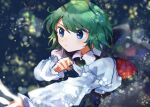  1girl antennae black_cape blue_eyes blush cape closed_mouth collared_shirt green_hair itomugi-kun long_sleeves red_cape shirt short_hair solo touhou upper_body white_shirt wriggle_nightbug 