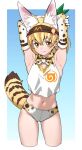  absurdres adapted_costume animal_ears arms_up blonde_hair bloomers blush bow bowtie cat_ears cat_girl cat_tail cowboy_shot elbow_gloves extra_ears gloves hairband highres japari_symbol kemono_friends midriff navel orange_eyes print_bloomers print_bow print_bowtie print_gloves print_shirt serval_(kemono_friends) serval_print shirt short_hair sleeveless tail tanabe_(fueisei) underwear white_shirt 