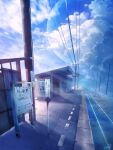  absurdres blue_sky building chain-link_fence cloud day fence highres moon no_humans original outdoors power_lines scenery sign sky smile_(qd4nsvik) train_station utility_pole 