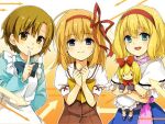  4girls alice_margatroid arrow_(symbol) blonde_hair blue_dress blue_eyes bokujou_monogatari brown_hair character_request doll doll_hug dress elli_(bokujou_monogatari) hairband holding holding_doll looking_at_viewer medium_hair multiple_girls object_hug red_hairband shanghai_doll short_hair sugu016406 touhou yellow_eyes 