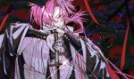  1boy endo_(takolegs) fate/grand_order fate_(series) highres katana long_hair male_focus pink_eyes pink_hair red_background smile smoke sword takasugi_shinsaku_(fate) weapon wide_sleeves 