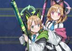 2girls animal_ear_headphones animal_ears battle_rifle blonde_hair blue_archive blue_necktie bow cat_ear_headphones cat_tail collared_shirt commentary counter-strike counter-strike_(series) english_commentary fake_animal_ears green_eyes green_halo gun h&amp;k_g3 hair_bow halo headphones holding holding_gun holding_weapon hood hooded_jacket jacket low_tied_sidelocks midori_(blue_archive) momoi_(blue_archive) multicolored_clothes multicolored_jacket multiple_girls necktie parody parted_bangs persocon93 pink_eyes pink_halo rifle shirt siblings sisters tail twins upper_body weapon white_jacket wide_sleeves 