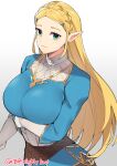  1girl arm_under_breasts blonde_hair braid breasts closed_mouth english_commentary ge-b gloves green_eyes hair_ornament hairclip highres large_breasts light_smile long_hair looking_at_viewer pants parted_bangs pointy_ears princess_zelda sidelocks smile solo the_legend_of_zelda the_legend_of_zelda:_breath_of_the_wild very_long_hair 