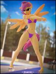  3d_(artwork) absurd_res anthro anthrofied bikini breasts clothing digital_media_(artwork) equid equine eyewear feathers female friendship_is_magic hair hasbro hi_res mammal my_little_pony navel orange_body orange_feathers pegasus purple_hair scootaloo_(mlp) side-tie_bikini steamyart string_bikini sunglasses swimming_pool swimwear wings 