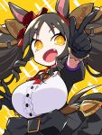  +_+ 1girl animal_ears black_gloves black_hair breasts drill_hair drill_sidelocks fang gloves hair_ornament highres horse_ears horse_girl large_breasts long_hair looking_at_viewer marvelous_sunday_(umamusume) mzh open_mouth orange_eyes pointing pointing_at_viewer red_ribbon ribbon saddle_hair_ornament short_sleeves sidelocks simple_background solo sparkle twintails umamusume upper_body 