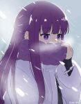  1girl adjusting_scarf ama_(ama_ekaku) bracelet braided_scarf coat commentary_request covered_mouth cut_bangs fern_(sousou_no_frieren) hand_up highres jewelry long_hair long_sleeves outdoors partial_commentary purple_eyes purple_hair purple_scarf scarf sidelocks snow snowing solo sousou_no_frieren straight_hair twitter_username upper_body watermark white_coat winter winter_clothes winter_coat 