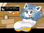  anthro big_breasts breasts cleavage clothed clothing crop_top female grey_hair hair hi_res letherisreal open_mouth shirt smile solo tem_shop temmie_(undertale) text text_box topwear undertale undertale_(series) white_body white_skin 