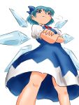  1girl blue_bow blue_dress blue_eyes blue_hair bow cirno crossed_arms dress from_below hair_bow ice ice_wings looking_at_viewer looking_down red_lark_mk2 simple_background solo standing touhou white_background wings 