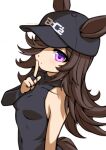  1girl absurdres animal_ears arm_at_side baseball_cap black_headwear black_shirt breasts brown_hair closed_mouth covered_navel ears_through_headwear finger_to_mouth hair_over_one_eye hand_up hat highres horse_ears horse_girl horse_tail impossible_clothes impossible_shirt long_hair looking_at_viewer purple_eyes rice_shower_(umamusume) roppaku shirt shushing simple_background single_sleeve small_breasts solo tail twitter_username umamusume upper_body white_background 