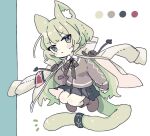  1girl :&lt; animal_ear_fluff animal_ears arknights black_ribbon black_skirt blush boots brown_footwear cat_ears cat_girl cat_tail chibi color_guide green_eyes green_hair grey_sweater_vest harmonie_(arknights) infection_monitor_(arknights) jacket jacket_on_shoulders long_hair long_sleeves looking_at_viewer naguru_(cyoroama) neck_ribbon pleated_skirt ribbon shirt simple_background skirt solo sweatdrop sweater_vest tail tail_ornament tail_ring very_long_hair white_background white_jacket white_shirt 