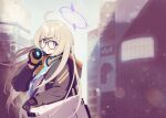  1girl ahoge black_gloves black_jacket blue_archive blue_necktie blurry blurry_background building collared_shirt commentary_request glasses gloves hair_ornament halo hand_up headphones headphones_around_neck highres holding hood hooded_jacket jacket kotama_(blue_archive) light_brown_hair long_hair long_sleeves looking_at_viewer makolas97 necktie open_clothes open_jacket open_mouth outdoors purple_halo semi-rimless_eyewear shirt solo two-tone_gloves upper_body white_bag white_shirt x_hair_ornament 