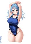  1girl alternate_costume armpits arms_up ass_visible_through_thighs blue_eyes blue_hair blue_one-piece_swimsuit blush breasts collarbone covered_navel cropped_legs ebifurya grin groin hair_between_eyes highleg highleg_swimsuit highres kantai_collection large_breasts long_hair looking_at_viewer one-hour_drawing_challenge one-piece_swimsuit simple_background skindentation smile solo swimsuit thighs twitter_username urakaze_(kancolle) white_background wide_hips 