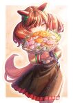  1girl animal_ears black_dress border bouquet brown_eyes covering_mouth cow creape dress ear_covers flower highres holding holding_bouquet horse_ears horse_girl horse_tail juliet_sleeves long_sleeves looking_at_viewer nice_nature_(umamusume) puffy_sleeves red_hair solo tail twintails umamusume white_border 