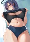  1girl blue_archive blue_buruma blue_eyes blue_hair blue_shirt blush breasts buruma cameltoe closed_mouth clothes_lift commentary_request from_below halo highres ipuu_(el-ane_koubou) large_breasts long_hair looking_at_viewer looking_down navel ponytail shirt shirt_lift sidelocks solo stomach sweat thighs yuuka_(blue_archive) yuuka_(gym_uniform)_(blue_archive) 