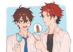  2boys bandaged_fingers bandages black-framed_eyewear blue_necktie breast_pocket brown_hair collared_shirt commentary ear_piercing earrings ensemble_stars! fingernails food glasses green_eyes hair_between_eyes holding holding_food holding_popsicle holding_stick jewelry kiryu_kuro light_blue_background male_focus morisawa_chiaki multicolored_hair multiple_boys naihowda necklace necktie notice_lines open_clothes open_collar open_mouth open_shirt over-rim_eyewear piercing pocket popsicle rectangular_eyewear red_hair school_uniform semi-rimless_eyewear shirt short_hair simple_background speech_bubble spoken_object stick streaked_hair stud_earrings symbol-only_commentary teeth translation_request two-tone_background two-tone_hair upper_body upper_teeth_only white_background 