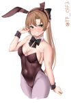  1girl akigumo_(kancolle) animal_ears bare_shoulders black_bow black_bowtie black_leotard blush bow bowtie breasts brown_hair cleavage commentary_request cowboy_shot detached_collar fake_animal_ears green_eyes grey_pantyhose grin highres kantai_collection leotard long_hair looking_at_viewer one-hour_drawing_challenge pantyhose playboy_bunny ponytail simple_background small_breasts smile strapless strapless_leotard tf_cafe twitter_username white_background wrist_cuffs 
