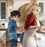  1boy 1girl apron barghest_(fate) black_hair blonde_hair blue_eyes blue_shirt blush breasts casual denim dress_shirt fate/grand_order fate_(series) from_side fujimaru_ritsuka_(male) headdress heavy_breathing height_difference heterochromia highres indoors jeans kitchen large_breasts long_hair looking_back obazzotto orange_eyes pants plaid plaid_shirt ponytail shirt sleeves_rolled_up smile standing tall tall_female very_long_hair 