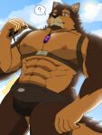  1boy ? abs alternate_costume animal_ears bara blue_male_swimwear brown_fur bulge chest_belt cloud cloudy_sky dog_boy dog_ears facial_hair feet_out_of_frame from_below furry furry_male goatee harness_pull highres jewelry large_pectorals live_a_hero looking_at_viewer male_focus male_swimwear mallards muscular muscular_male navel necklace nipples pectorals pubraseer_(live_a_hero) pulled_by_self short_hair sky solo spoken_question_mark stomach swim_briefs thick_eyebrows thick_thighs thighs topless_male two-tone_fur underbust 
