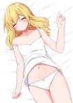  1girl bed_sheet blonde_hair blush braid camisole camisole_lift closed_eyes highres kirisame_marisa lying navel on_back panties shinonome_asu single_braid sleeping solo stomach strap_slip touhou underwear underwear_only white_camisole white_panties 