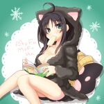  1girl ahoge animal_ear_hood animal_ears animal_print bare_legs black_bow black_hair blunt_ends blush book bow breasts cat_ears cat_print cleavage collarbone commentary_request eyes_visible_through_hair food_in_mouth fur_jacket green_background green_eyes hair_between_eyes highres hitachi_mako holding holding_book hood hood_up hooded_jacket jacket knees_together_feet_apart large_breasts long_sleeves manga_(object) no_bra open_book pillow popsicle_in_mouth reading relaxing senren_banka short_hair_with_long_locks simple_background sitting snowflakes solo sweat tatsuya_(trypaint) thighs two-tone_background white_background 