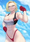  1girl abs android_18 arm_up bare_shoulders blonde_hair blue_eyes breasts cleavage clenched_hand closed_mouth cloud cloudy_sky collarbone dragon_ball dragon_ball_z earrings flexing gabriel_carrasquillo gloves hand_on_own_hip highleg highleg_panties jewelry large_breasts looking_at_viewer navel panties patreon_username red_gloves red_panties red_ribbon_army short_hair single_earring skindentation sky solo sports_bra stomach sweatdrop toned two-tone_sports_bra underwear 