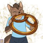  anthro black_nose brown_body brown_fur brown_hair canid canine canis claws clothed clothing coyote eating eyes_closed food foxenawolf fur hair male mammal pretzel_(food) solo tail teeth 
