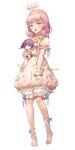  1girl :d artist_name bloomers blue_bow blunt_bangs blush bow braid crown dress flower frilled_cuffs frilled_sleeves frills full_body gradient_hair highres iriam kikugetsu long_hair looking_at_viewer multicolored_hair open_mouth pink_hair pointy_ears puffy_short_sleeves puffy_sleeves short_sleeves single_braid smile socks solo stuffed_animal stuffed_toy tefumu_chia underwear white_background white_socks wrist_cuffs yellow_eyes 